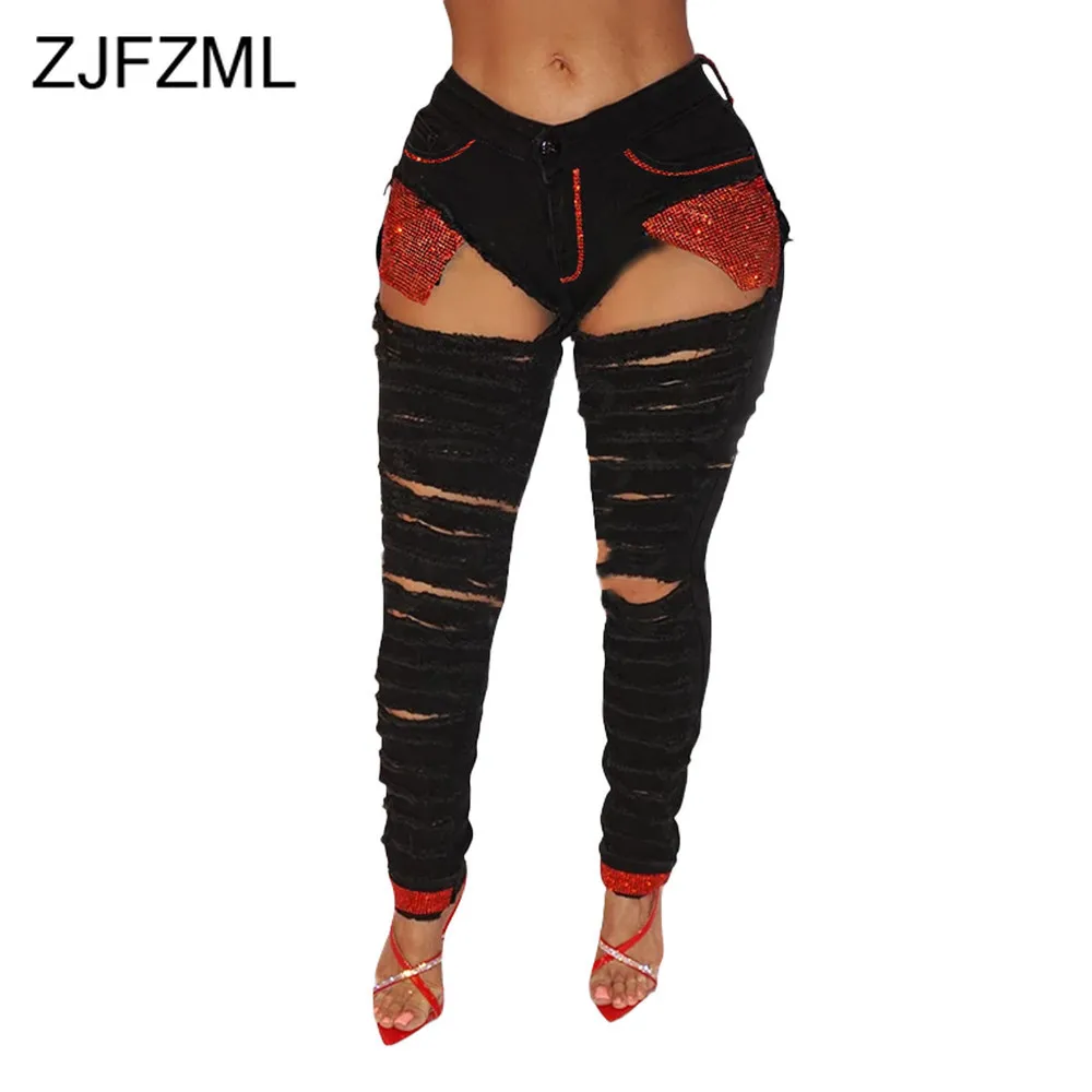 

Shiny Red Sequin Pockets Spliced Denim Pant Women Sexy High Waist Zipper Button Pencil Jeans Hip Hop Hollow Hole Skinny Trousers