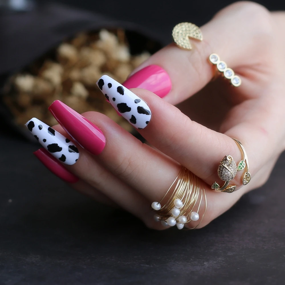 30 Trendy Ways to Wear An Animal Print Nail Art : Cow Print + Hot Pink  Short Nails