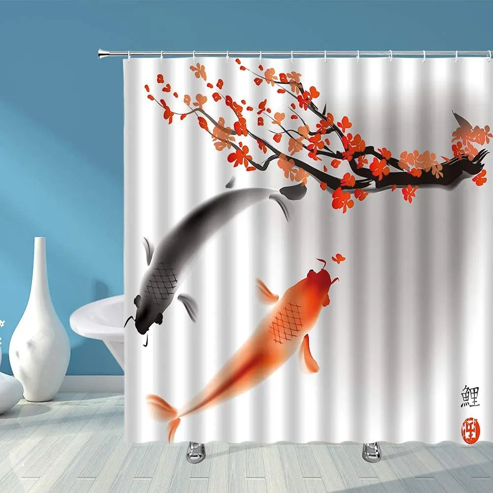 Koi Fish Sakura Shower Curtain Teal Turquoise Japanese Koi Fish Painting Style Flowers Leaves Fabric Bathroom Curtain Set Hook