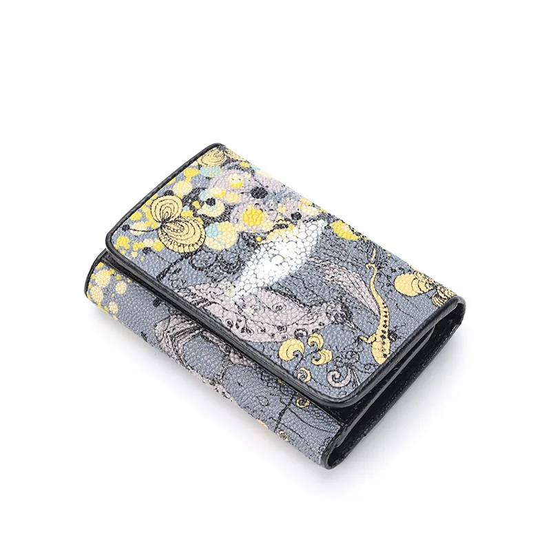 Thailand Authentic Stingray Leather Women's Card Holders Genuine Skate Skin Lady Small Trifold Wallet Female Short Clutch Purse - Цвет: Серый