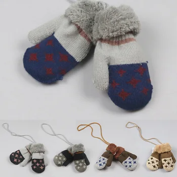 

Child Star pattern With lanyard Plus velvet Children's gloves Winter 1Pair Keep warm Double layer Knitting