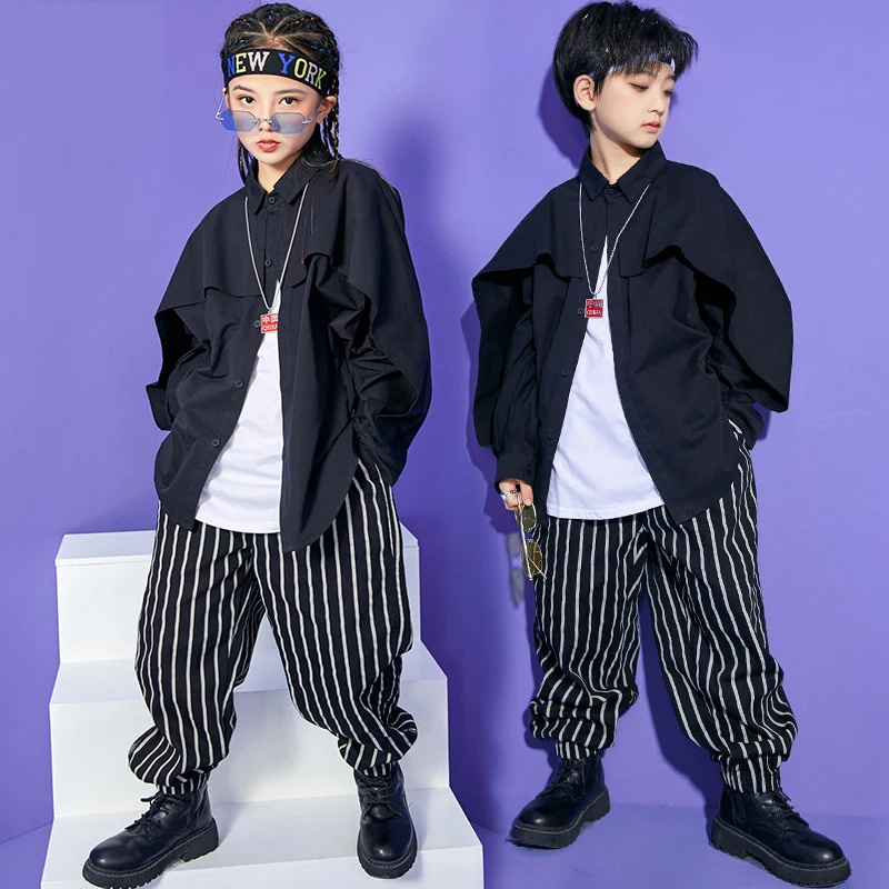 

New HipHop Dancewear For Children Festival Clothing Black Shirt Striped Pants Kids Performance Street Dance Stage Costume YS2870