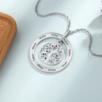 

Personalized Engraved Name Family Tree Pendant Necklace with 9 Birthstones Stainless Steel Chain Custom Jewelry Gifts for Women