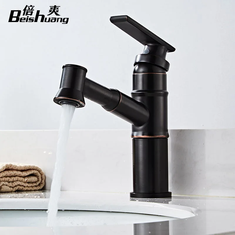 

European Style Copper Pulling Wash Basin Faucet Hot And Cold Black And White with Pattern Retro Bathroom Cabinet Leading Manufac
