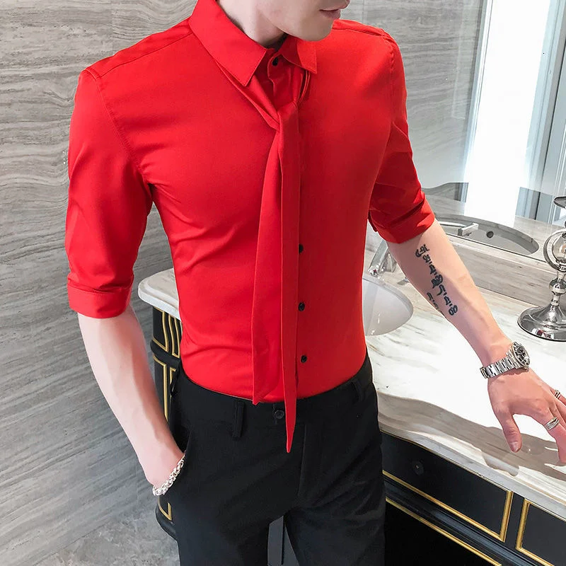 Red Button Up Shirt Men British Style 2021 Summer Korean Slim Fit Shirt ...