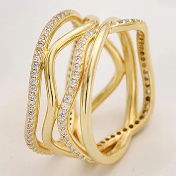 

Original 925 Sterling Silver Ring Golden Shine Swirling Lines With Crystal For Women Wedding Party Gift Fine Europe Jewelry