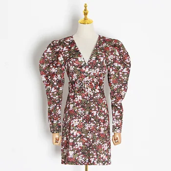 

Women Dress Spring 2020 Sexy Fashion V-neck Bubble Sleeve Floral Short Dress Women
