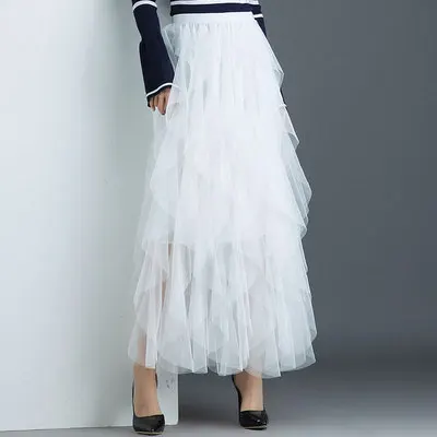 Женские Асимметричные тюлевые юбки, модная эластичная сетчатая юбка-пачка со складками, Длинная Юбка-миди Saias Faldas Jupe Femmle - Цвет: 3-white