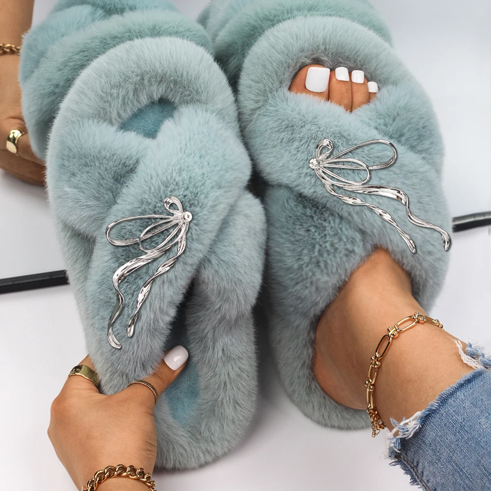 Flip Flop Slippers Bowknot Faux Fur Fuzzy Slides Plush Outdoor Sandals Fluffy Slippers High Quality Designer Shoes Free Shipping