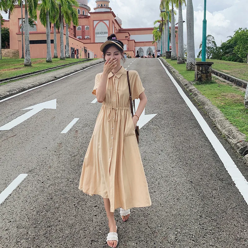 

Photo Shoot han ban qun Fairy Immortal MORI Series 2019 Summer Wear New Style Slim Fit Drawstring Waist Slimming Suit Collar Dre