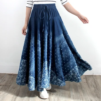 

Free Shipping 2020 Long A-line Skirts Women Elastic Waist Spring Autumn Denim Blue Skirt Holes Lady Skirt