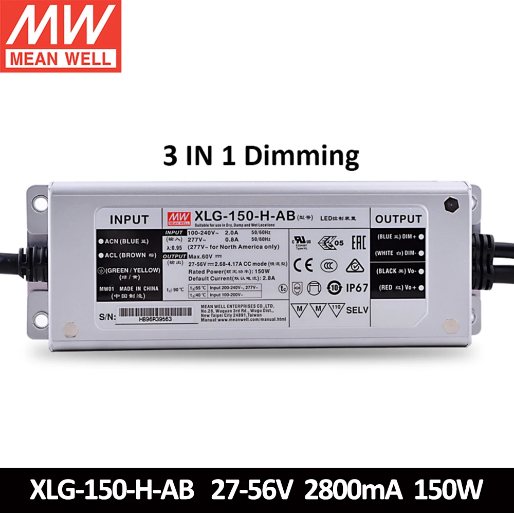 Бренд MEAN WELL представляет XLG 150 12V 24V 700mA 1400mA 2800mA постоянной мощности Светодиодный драйвер IP67 150W Регулируемый