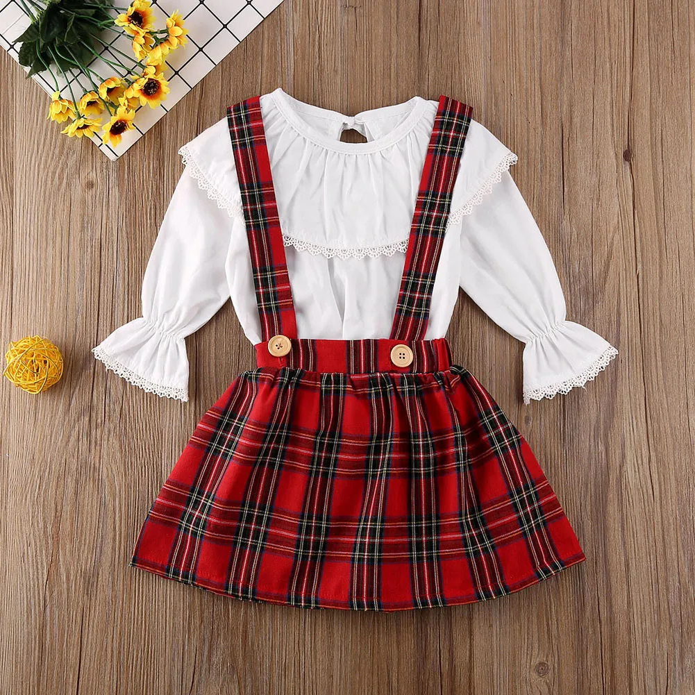 2Pcs Christmas Outfit Toddler Baby Girl Clothes Ruffle Long Sleeve Top+ Plaid Strap Skirt Free Shipping