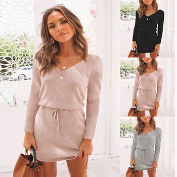 

Autumn Basic Tunic Mini Dress Casual V Neck Long Sleeve Lace Up Package Hip Slim Sexy Winter Party Short Black Dress For Women