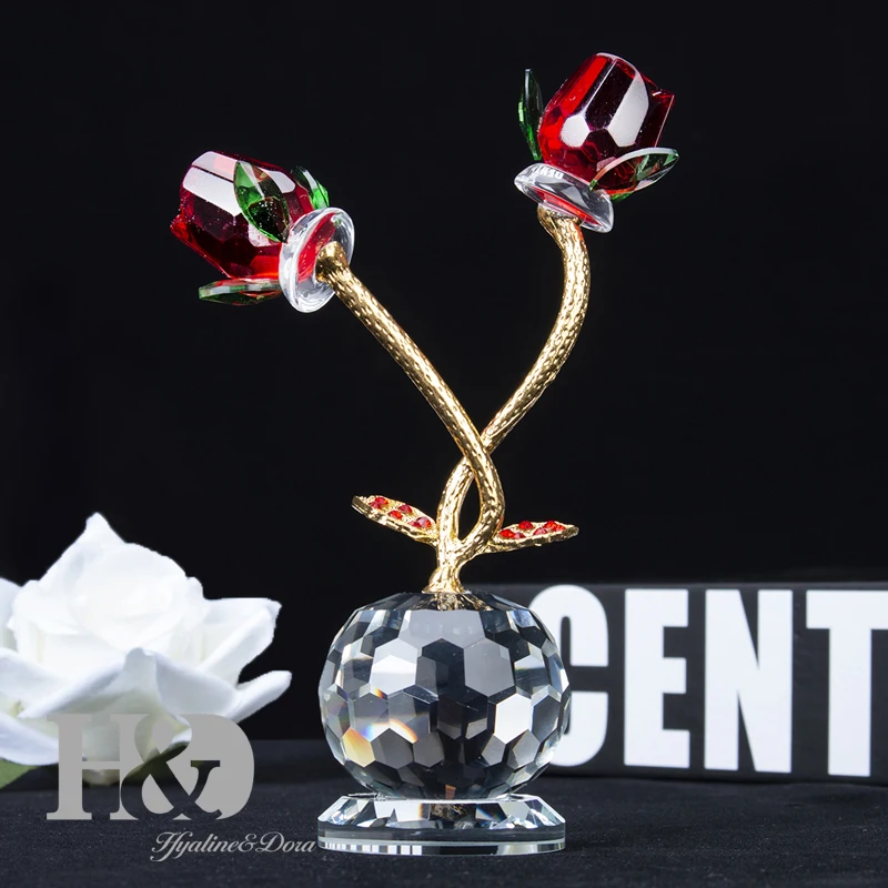 H&D Red Rose with Crystal Base Figurine Glass Paperweight Ornament Flower Lovers Home Wedding Decoration Xmas Thanksgiving Gifts