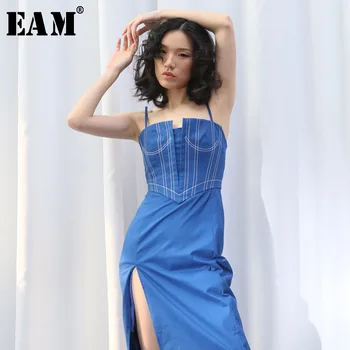 

[EAM] 2020 New Spring Summer Spaghetti Strap Line Split Joint Irregular Cut High Vent Temperament Dress Women Fashion Tide JS592