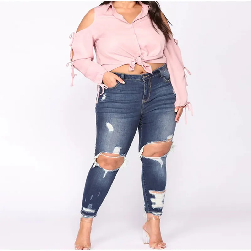 Винтажные синие обтягивающие длинные джинсы размера плюс до колена, 5XL, летние потертые Узкие повседневные джинсы-карандаш с кисточками, джинсы для мам