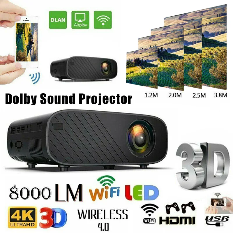

4K 3D WiFi Wireless LED Projector Android 6.0 1080P HD 1G RAM 8G ROM Home Theater NC99
