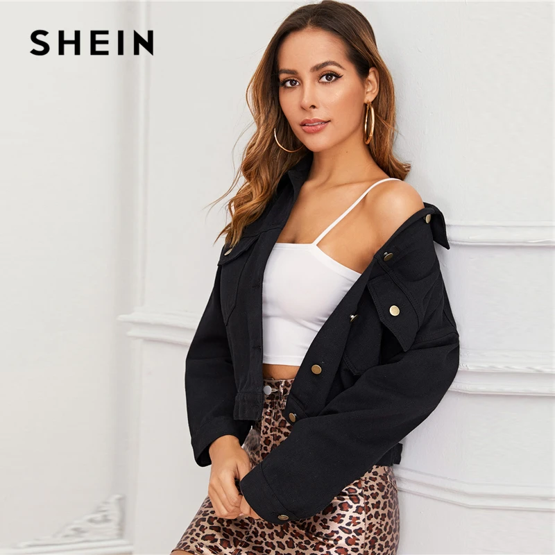 SHEIN черный однобортный пуговица спереди джинсовая куртка пальто для женщин осень уличная накладной карман Повседневная Верхняя одежда для женщин