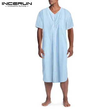 

INCERUN Men's Sleep Robes Short Sleeve V Neck Breathable Cozy Leisure Homewear Fashion Nightgown Men Clothes Bathrobes Plus Size