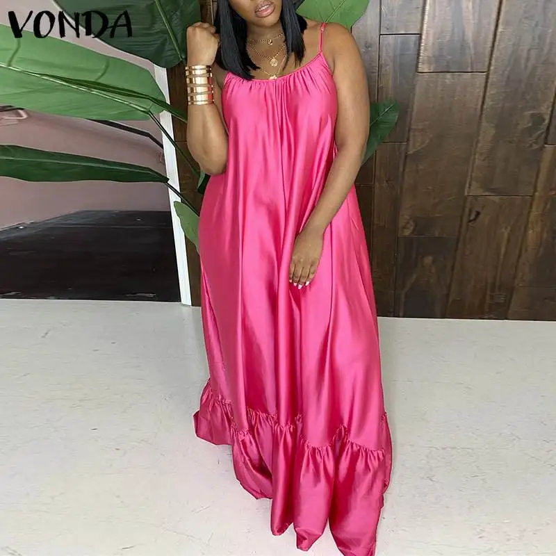 Maxi Dress VONDA 2021 Women Casual Solid Satin Dresses Beach Sundress