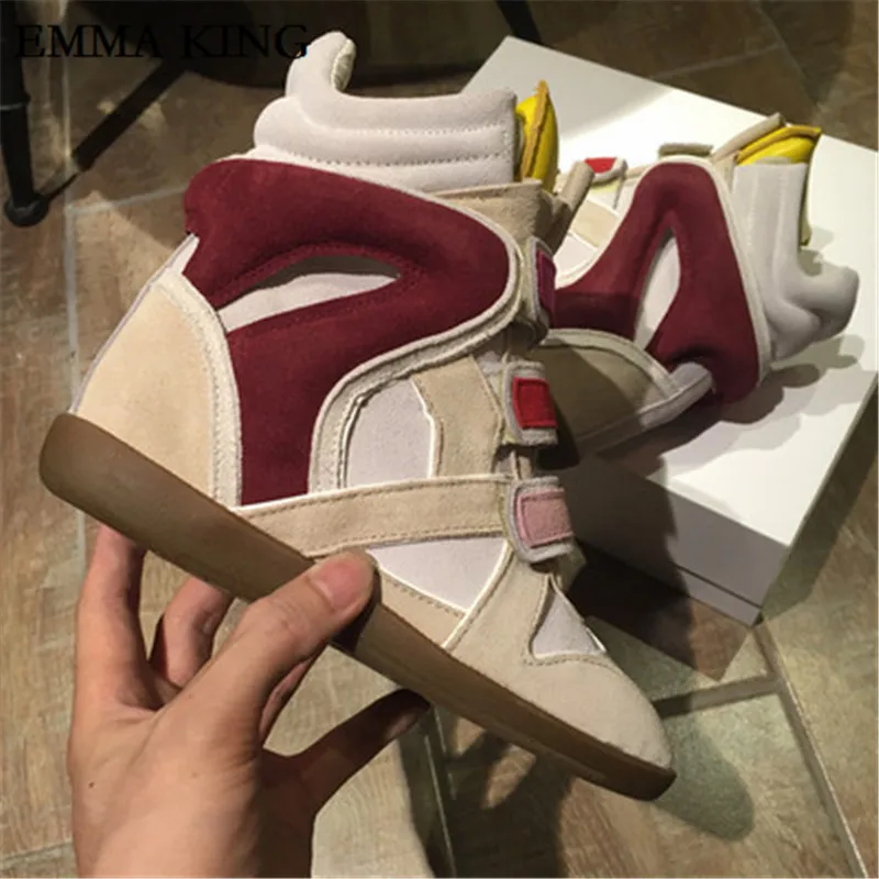 Autumn and winter Newest Fashion Designer Women Hook Loop Sneakers 8cm Invisible Inside Heighten Women Leather Ankle Boots