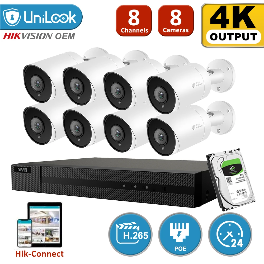 UniLook 8CH NVR 8 шт. 8MP 4K Bullet POE IP камера комплект системы безопасности Ночное Видение