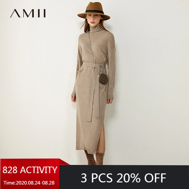 AMII Minimalism Autumn Fashion Knitted Women Dress Solid Turtleneck Slim Fit Belt Dress Causal Calf-length Female Dress 12040304 AMII Minimalism Autumn Fashion Knitted Women Dress Solid Turtleneck Slim Fit Belt Dress Causal Calf-length Female Dress 12040304