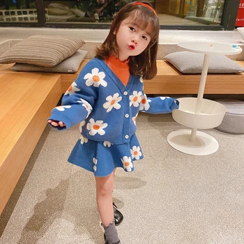 

Children'S Clothes Autumn And Winter New Girls Sets Flower Sweater Cardigan + Half Skirt 2-Piece Suit Toddler Kids Outfits