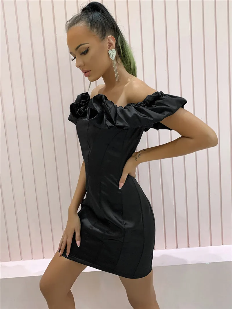 Feditch Satin Ruffles Sleeve 2020 Summer Dress Backless Strapless Bodycon White Dress Short Sexy Party Dress Nightclub Vestidos