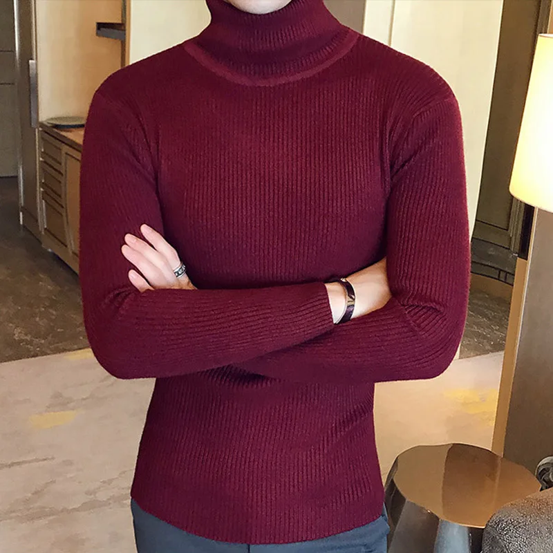 2019 Новое поступление мужской s свитер с высоким воротом и пуловеры зимний Повседневный однотонный вязаный шерстяной свитер модный мужской