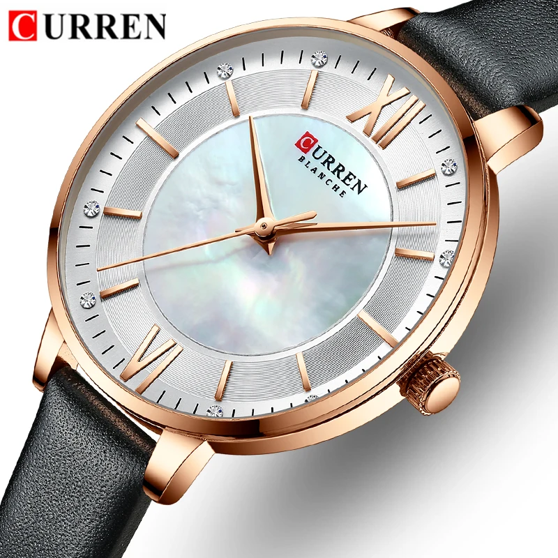 

Часы CURREN женские кварцевые, брендовые наручные, с кожаным ремешком, роскошный дизайн, с шармами, с циферблатом в виде хлопьев, черные