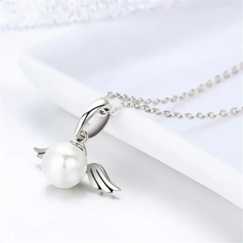Natural Freshwater Pearl Peandant Simple Exquisite 925 Sterling Silver Jewelry Sweet Angel Wings Clavicle Chain Necklaces XL156 - Image 3