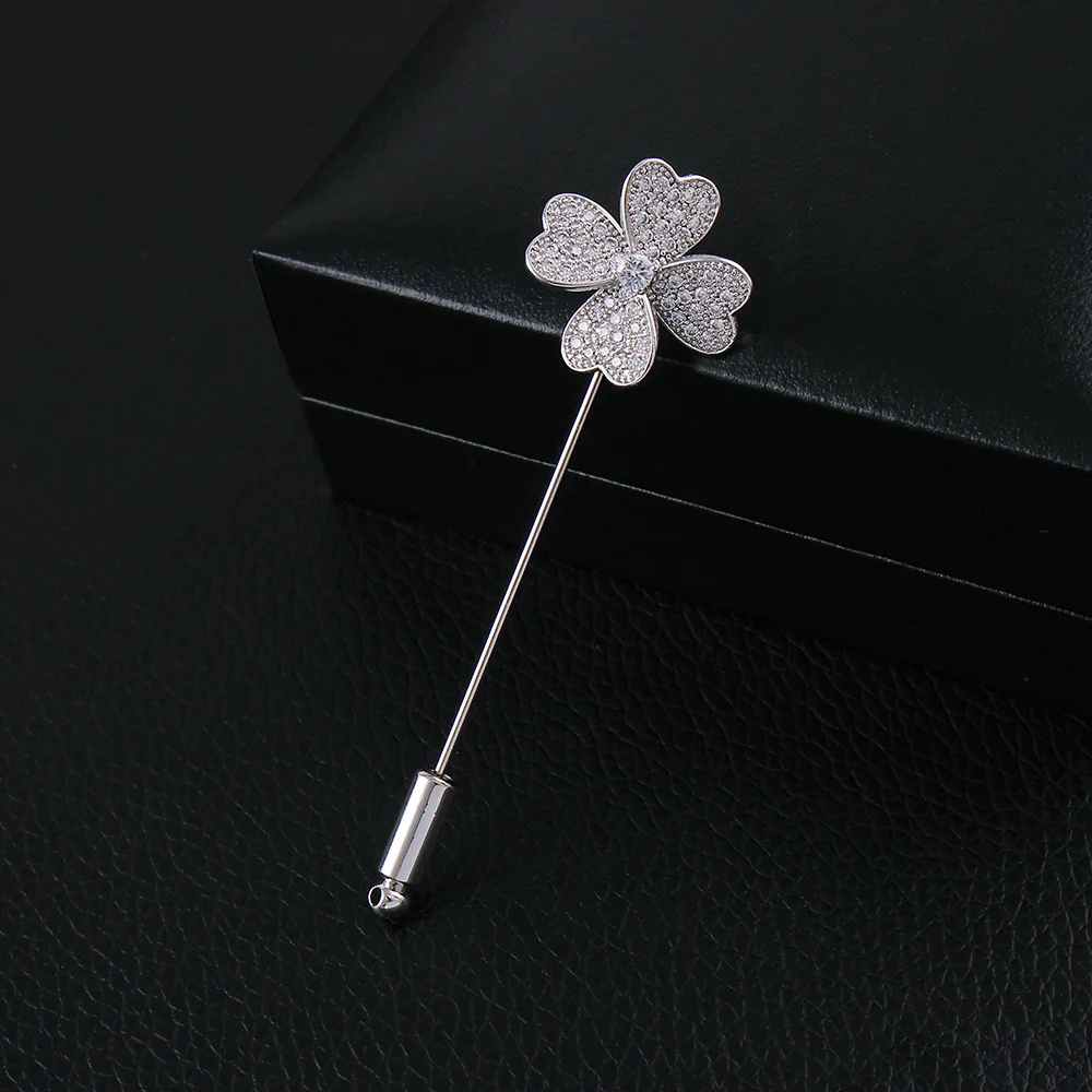 

Fashion Crystal Clover A- line Brooch Men Micro Zircon Top Grade PIN Corsage 2097