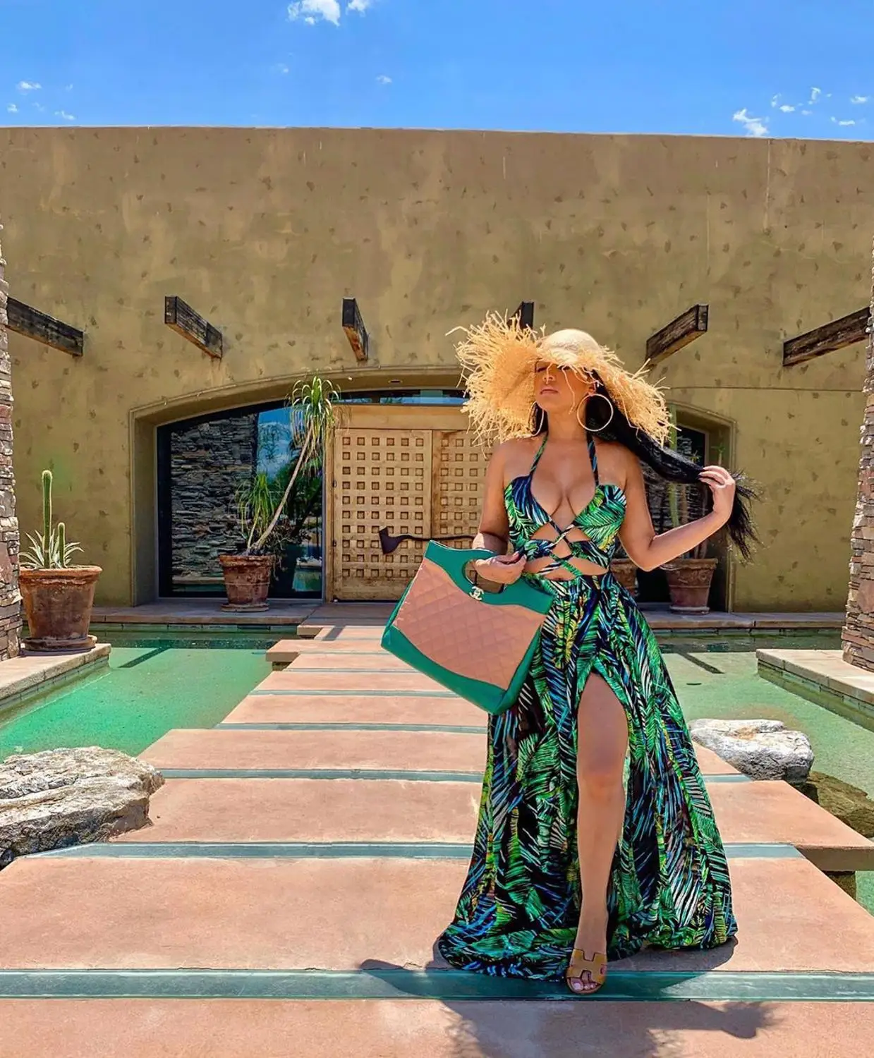 Stigende Women Bohemian Palm Leaf Maxi Dress Sexy High Split Backless Halter Dress Casual Sleeveless Bandage Green Long Dress