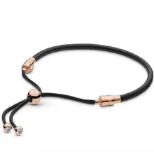 925 пробы серебряный браслет, розовый, черный кожаный скользящий браслет, браслет, подходит для женщин, бусина, шарм, сделай сам, модное ювелирное изделие