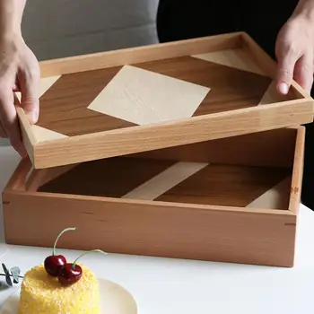 

Innovative Solid Wood Storage Tray Nordic Style Plate Handle Tea Serving Tray Coffee Breakfast Baking Rectangular Tray