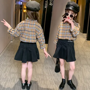 

New Girls Clothes Suit 2pcs Fashion Long-sleeved Grid T-shirt +black Short Skirt Two-piece Set Outfit Kids Party Clothes