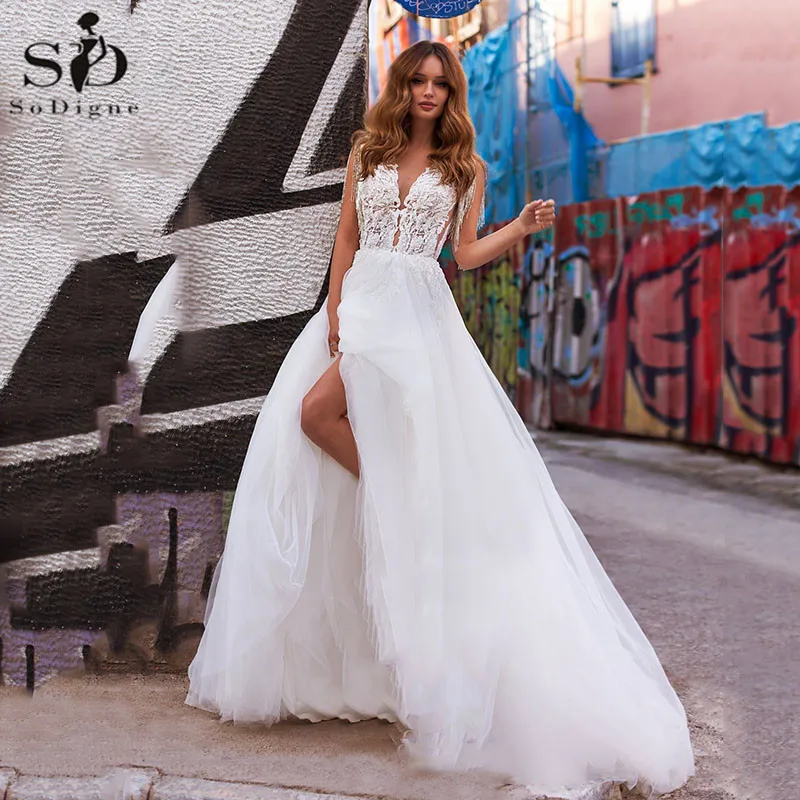 

SoDigne Tull Beach Wedding Dress for Women V Neck Lace Appliques Beads Princess Bridal Dress Boho Wedding Gowns robe de mariee