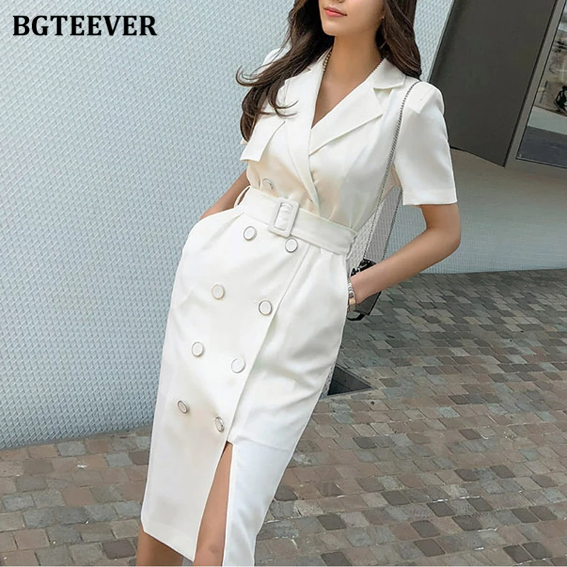 BGTEEVER Office Wear Double Breasted Notched Women Bodycon Dress Elegant Sashes Slim Waist Split Female Dress Vestidos 2020 BGTEEVER Office Wear Double Breasted Notched Women Bodycon Dress Elegant Sashes Slim Waist Split Female Dress Vestidos 2020
