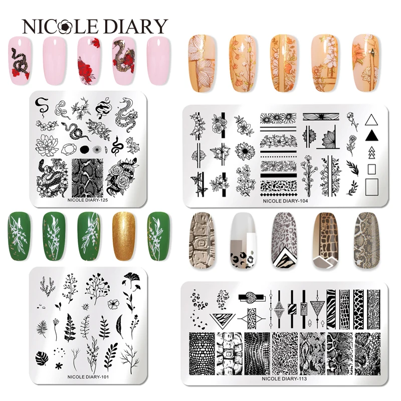 

NICOLE DIARY Nail Stamping Plates Halloween Marble Flowers Snake Image Printing Plates Geometric Stencil Nail Art Stamp Tool