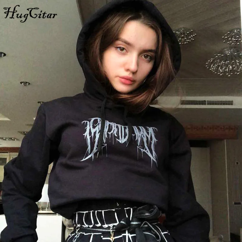  Hugcitar 2019 cotton long sleeve print hooded crop top sweatshirt autumn winter women streetwear ou