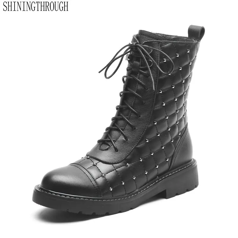 

2020 Genuine Leather Fashion Rivet Ankle Zipper Boots Square Low Heel Women Shoes Round Toe Ladies Autumn Winter Shoes