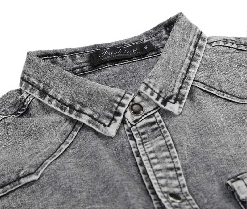 Men Casual Cotton Shirts Fashion Front Pockets Long Sleeves Jeans Shirts Male Brand Designer Black Grey (3)