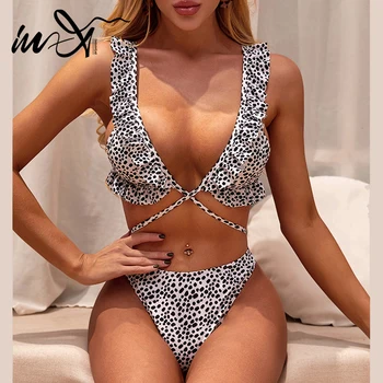 

In-X Polka dot swimsuit with ruffles Sexy cross bandage bikini set 2020 String swimwear women Vintage biquinis bathing suit new