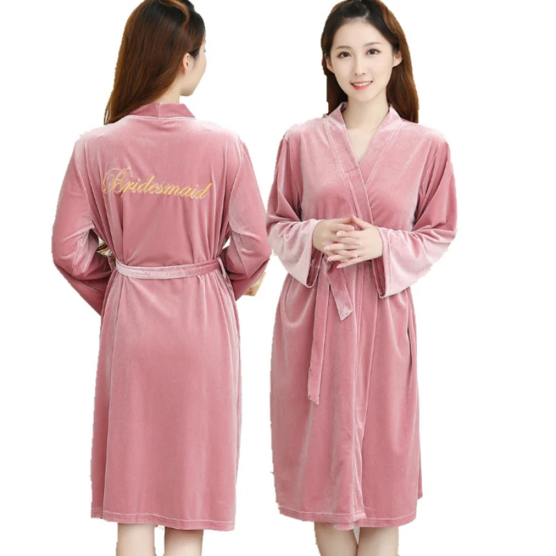 Women's nightgowns Winter High-grade Comfortable V-neck Thickened velvet elastic waistband Pure color woman bathrobe Embroidery