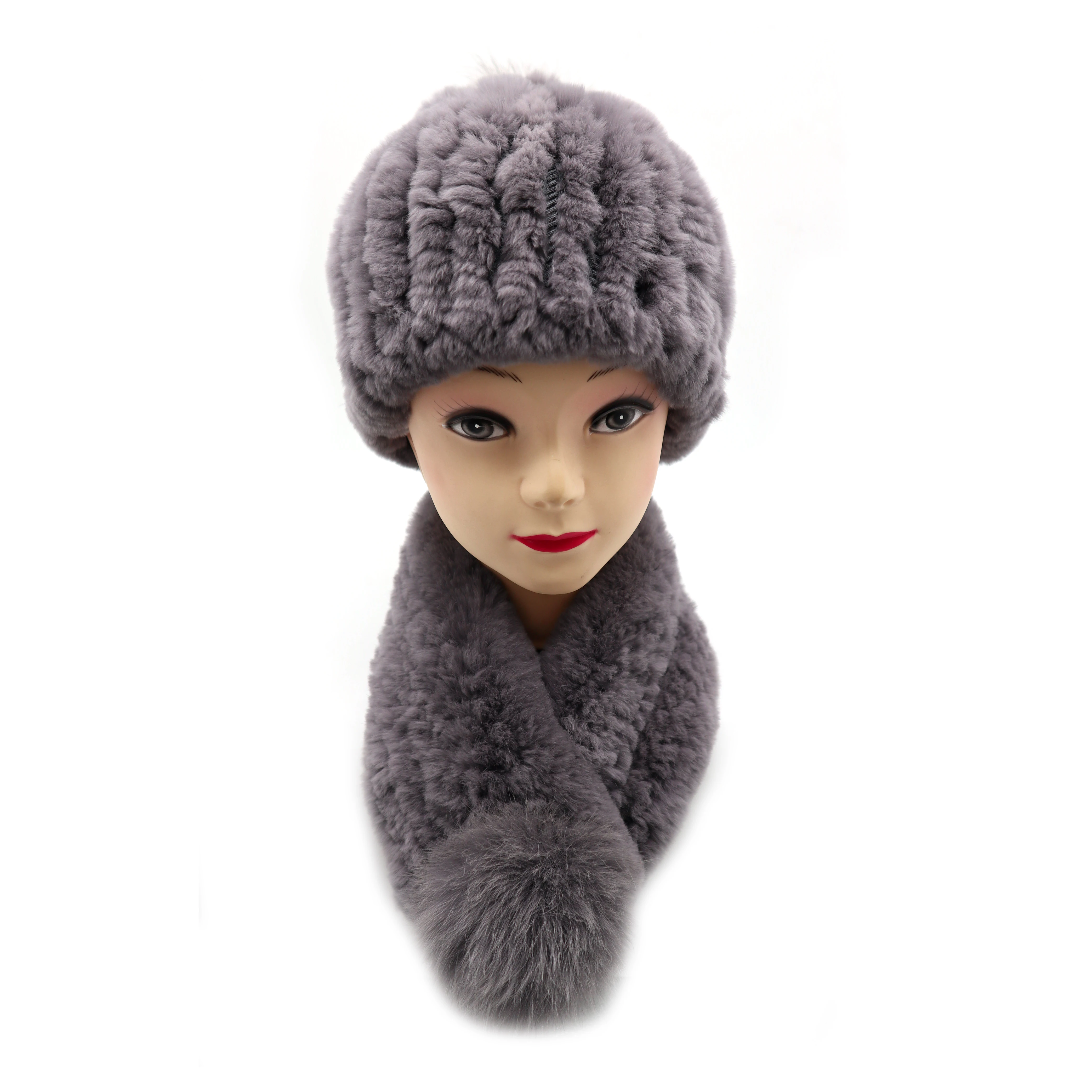 

2019 new leather fur fashion novel warm and comfortable high quality rabbit weaving hat scarf for ladies