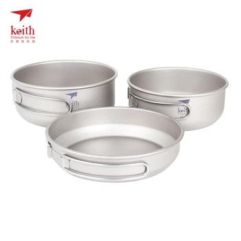 

3pcs Pot Set Two Bowls And Pan Titanium Frying-pan Food Containers Portable Pot Set Folding Handle Cookware Launch Box Ti6053