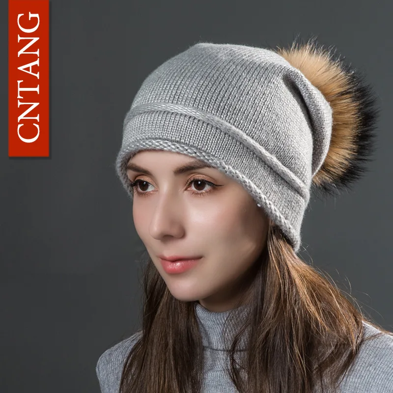 Multiple Styles Fashion Warm Hat Women Winter Beanies Natural Raccoon Fur Pompom Cap Wool Knitted Hats Women High Quality 6