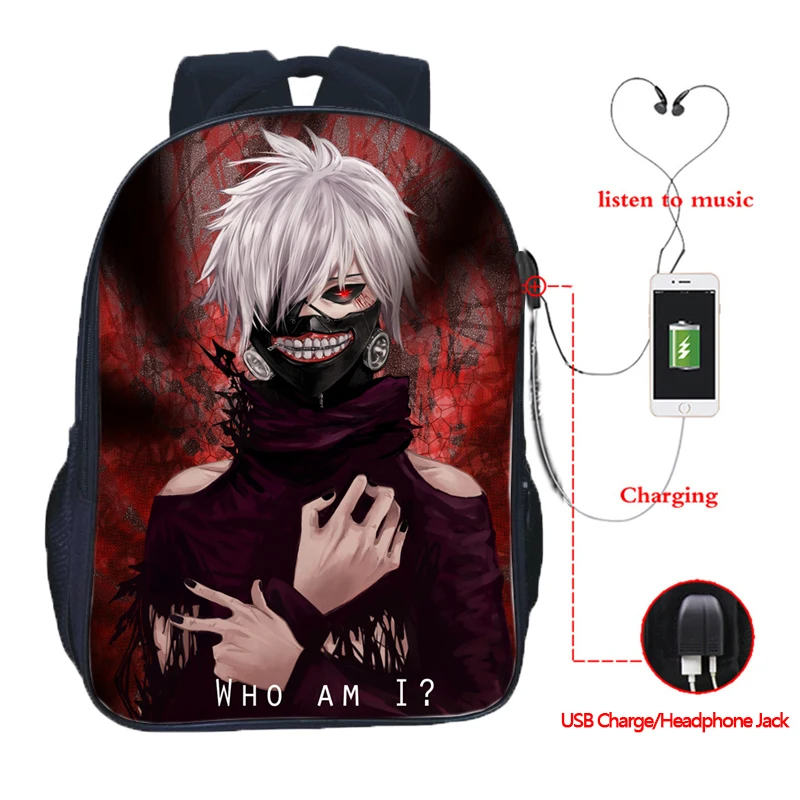 Токийский вурдалак, USB зарядка, рюкзак, модный, аниме, USB зарядка, школьные сумки, красивый рюкзак для школьников